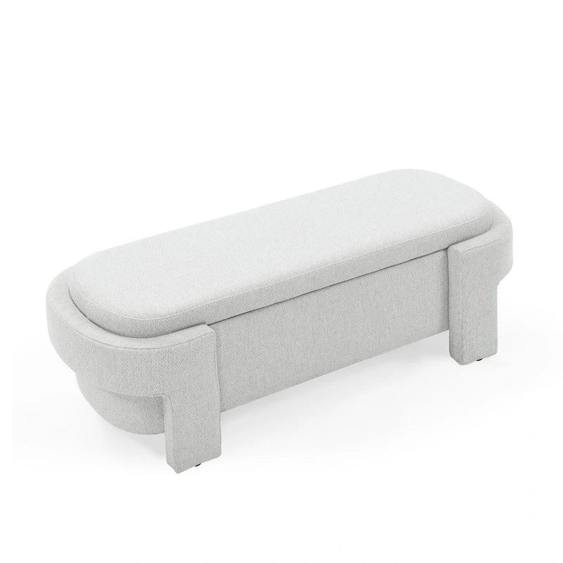 Beige Linen Upholstered Storage Bench with Turned Legs