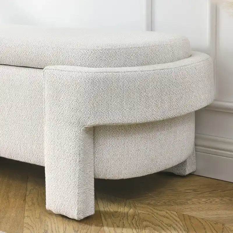 Beige Linen Upholstered Storage Bench with Turned Legs