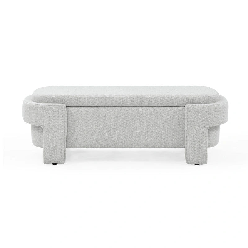 Beige Linen Upholstered Storage Bench with Turned Legs