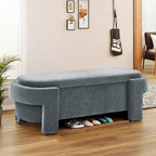Beige Linen Upholstered Storage Bench with Turned Legs