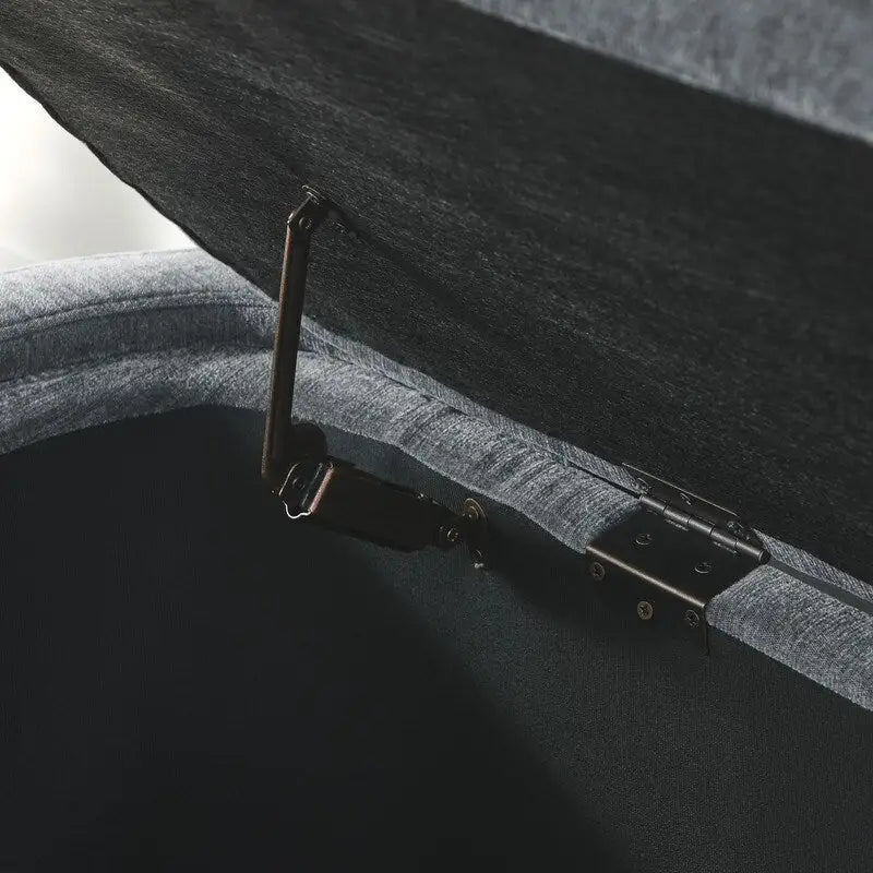 Beige Linen Upholstered Storage Bench with Turned Legs