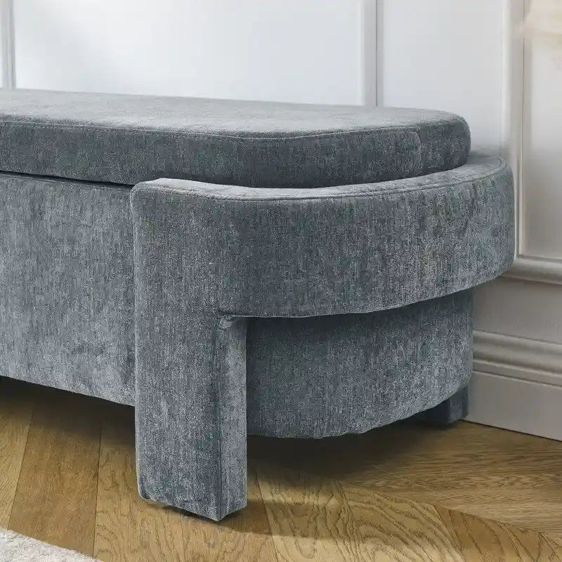 Beige Linen Upholstered Storage Bench with Turned Legs