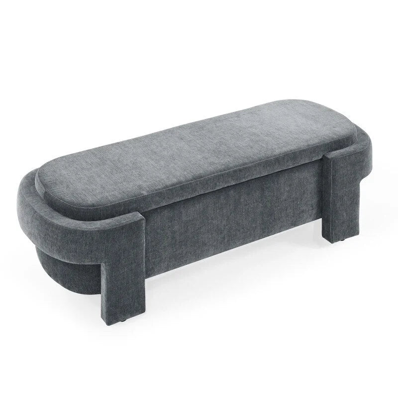 Beige Linen Upholstered Storage Bench with Turned Legs