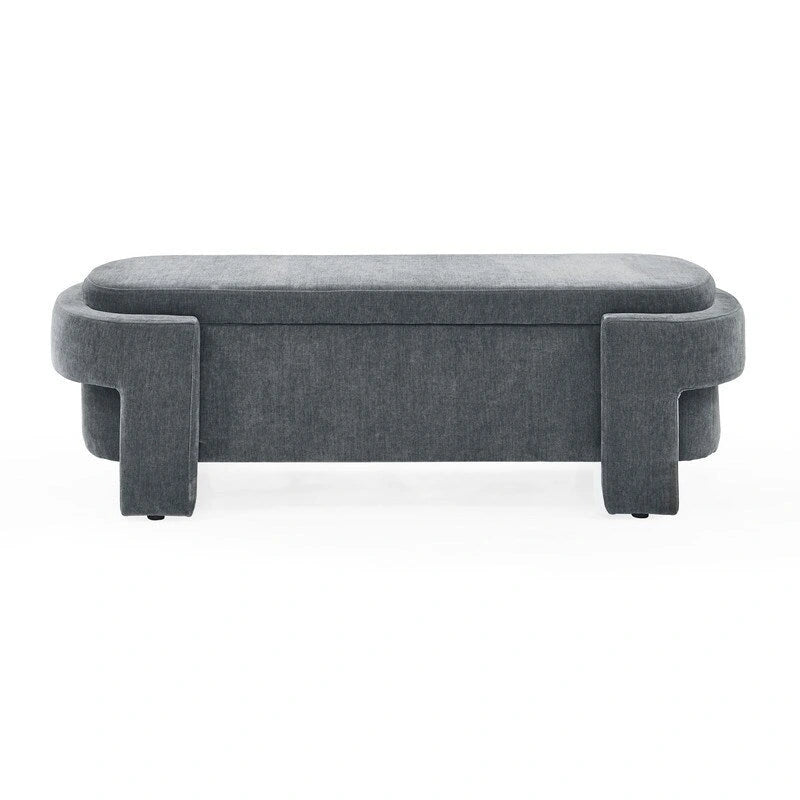 Beige Linen Upholstered Storage Bench with Turned Legs