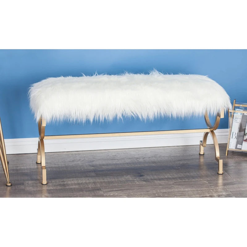 Gold Metal Bench - White Faux Fur Seat - 42" Wide - Seats 2