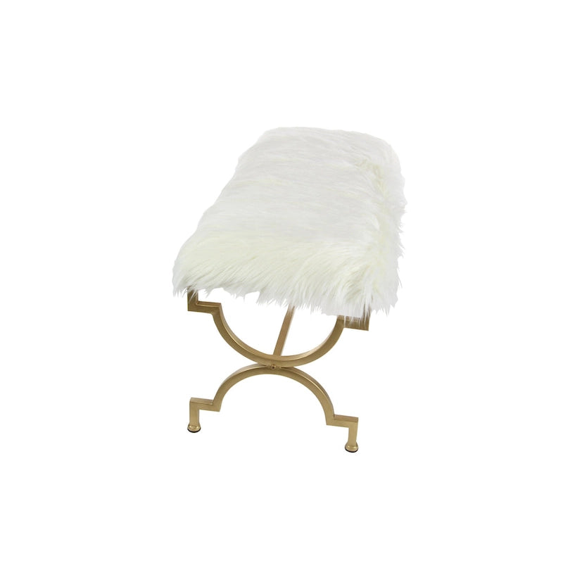 Gold Metal Bench - White Faux Fur Seat - 42" Wide - Seats 2
