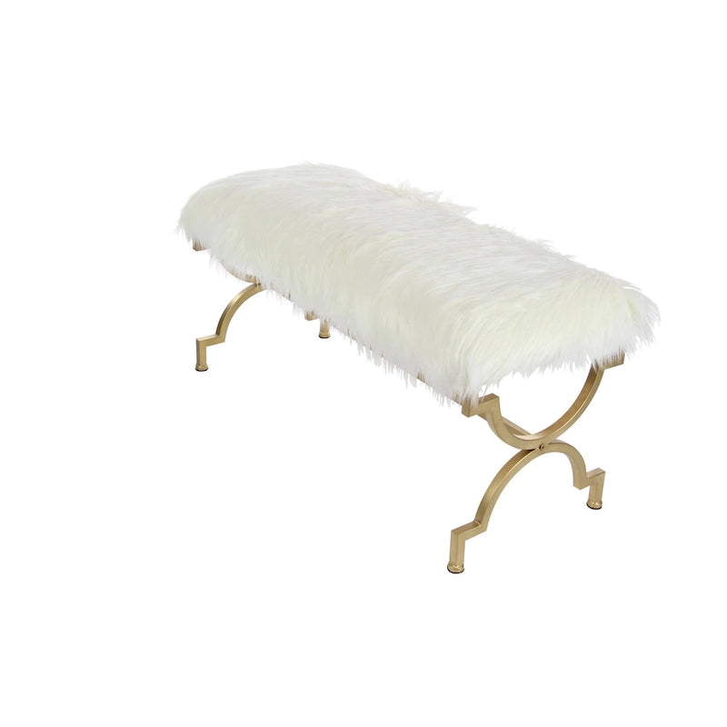 Gold Metal Bench - White Faux Fur Seat - 42" Wide - Seats 2