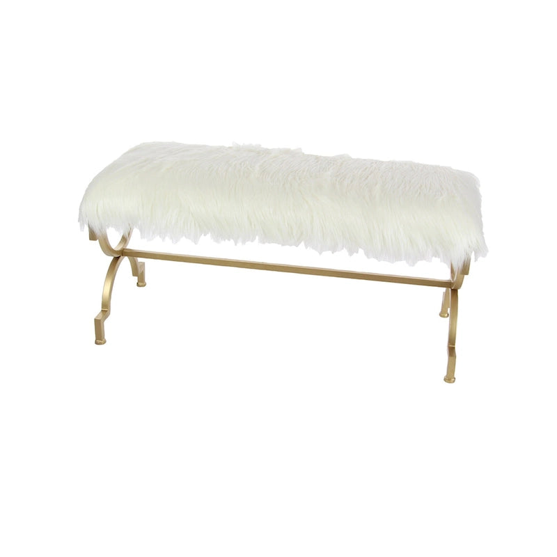 Gold Metal Bench - White Faux Fur Seat - 42" Wide - Seats 2