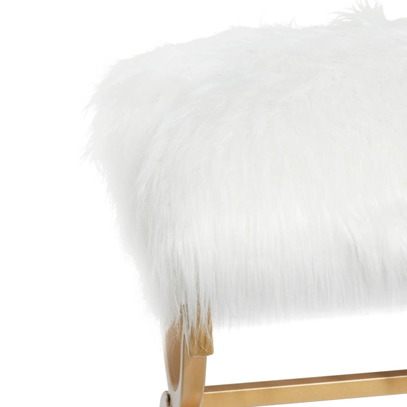 Gold Metal Bench - White Faux Fur Seat - 42" Wide - Seats 2