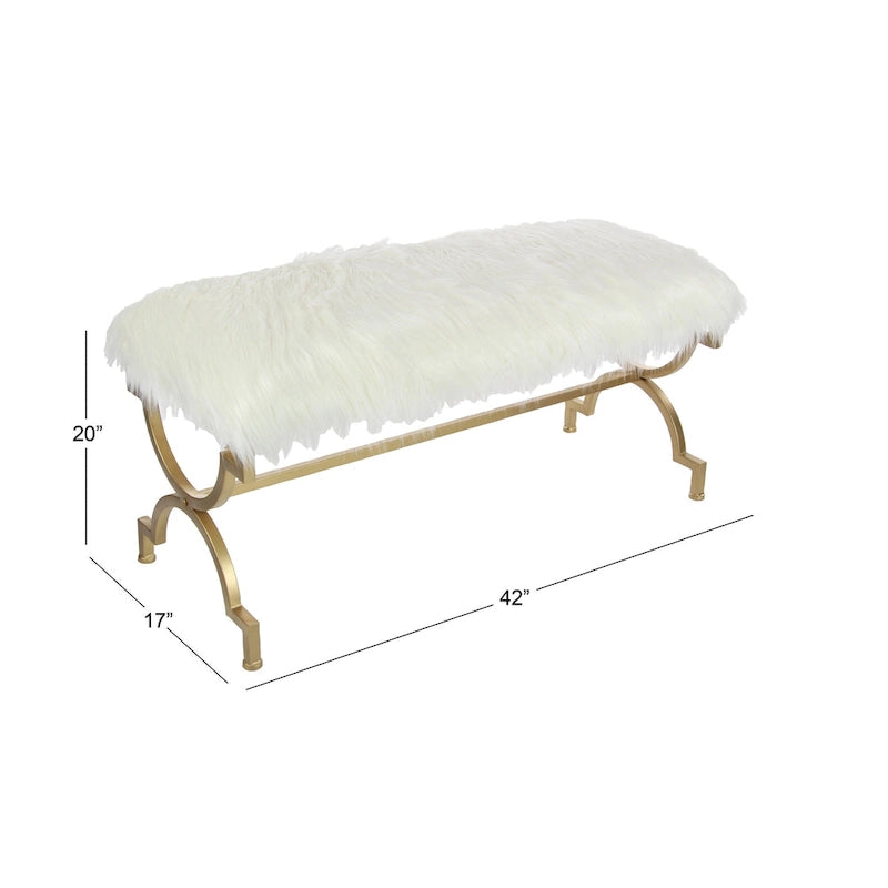 Gold Metal Bench - White Faux Fur Seat - 42" Wide - Seats 2