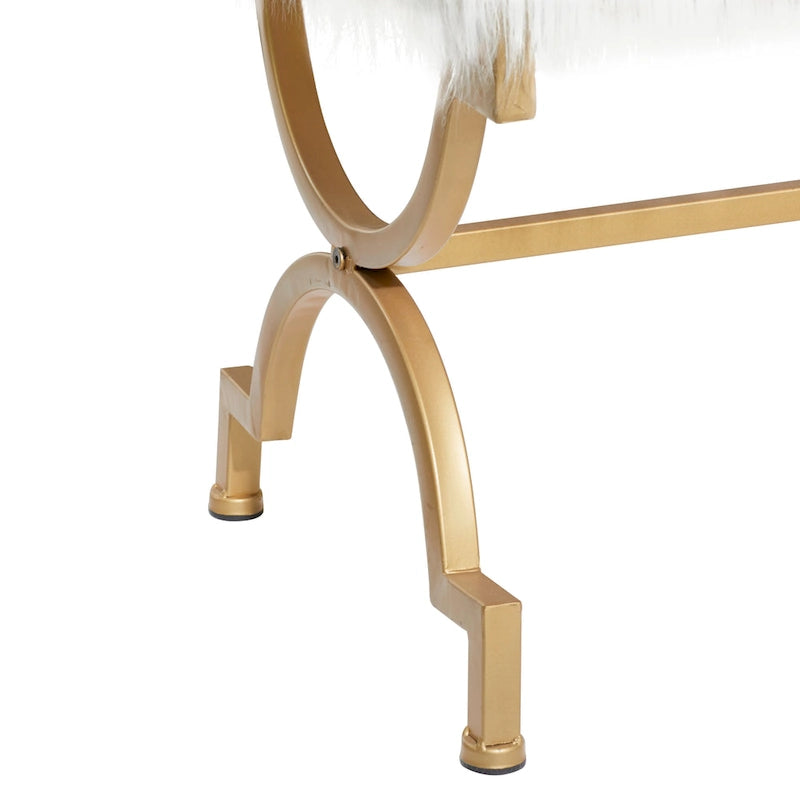 Gold Metal Bench - White Faux Fur Seat - 42" Wide - Seats 2