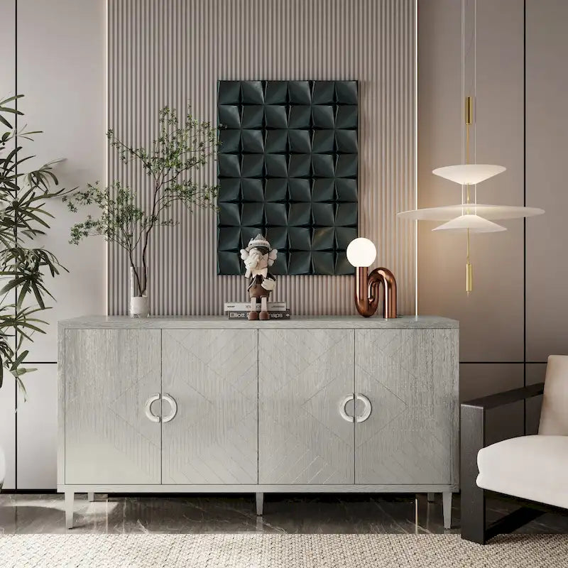 4-Door Storage Cabinet - MDF with Pine Legs - Semi-Circular Pulls