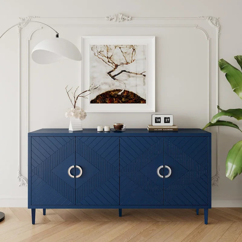 4-Door Storage Cabinet - MDF with Pine Legs - Semi-Circular Pulls