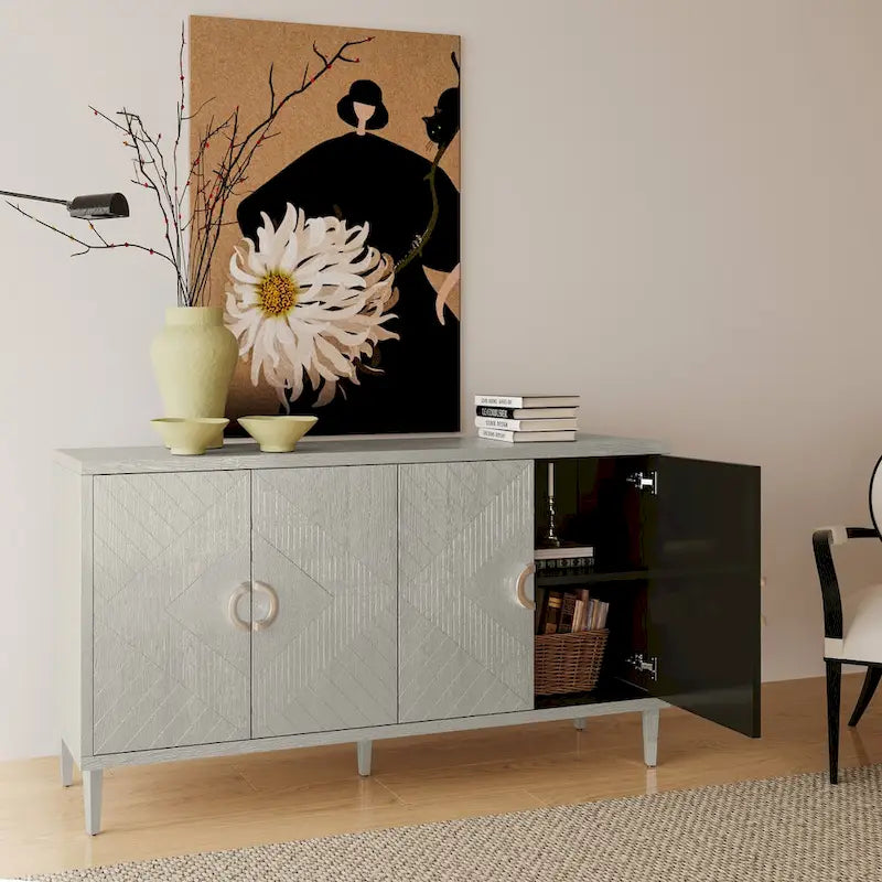 4-Door Storage Cabinet - MDF with Pine Legs - Semi-Circular Pulls