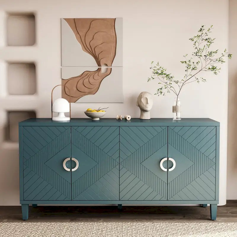 4-Door Storage Cabinet - MDF with Pine Legs - Semi-Circular Pulls