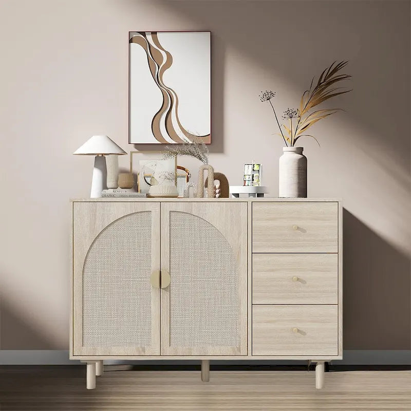 Natural Rattan Storage Cabinet with 2 Doors and 3 Drawers