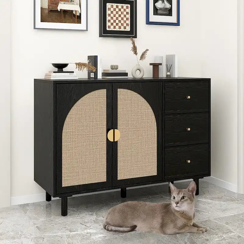 Natural Rattan Storage Cabinet with 2 Doors and 3 Drawers