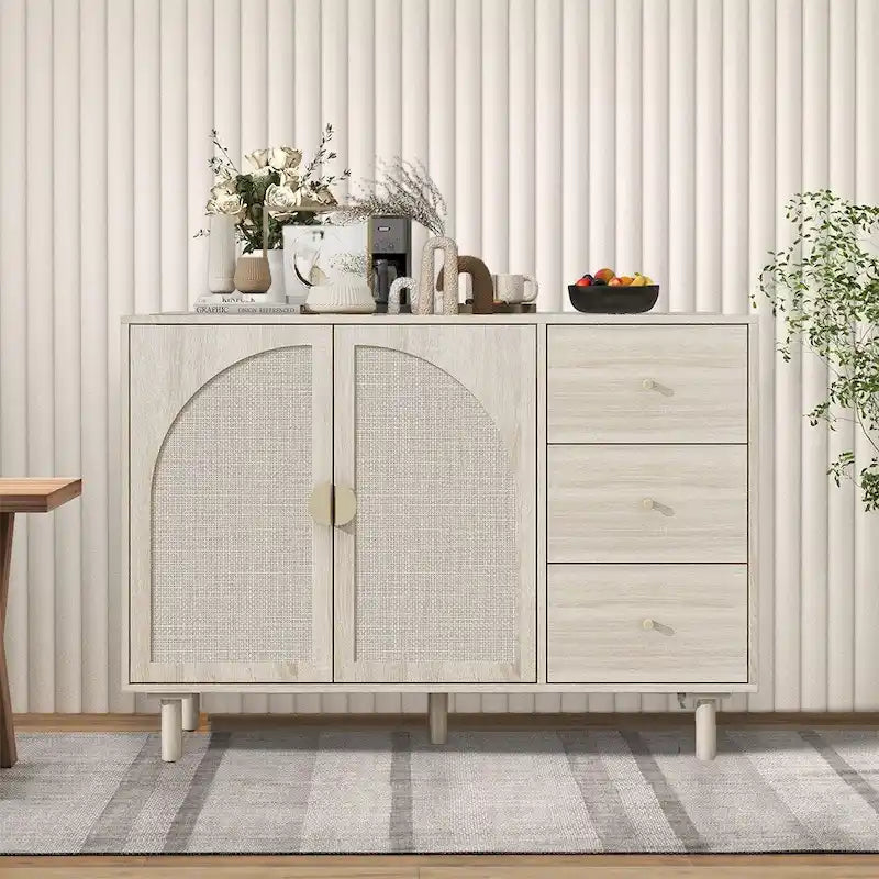 Natural Rattan Storage Cabinet with 2 Doors and 3 Drawers