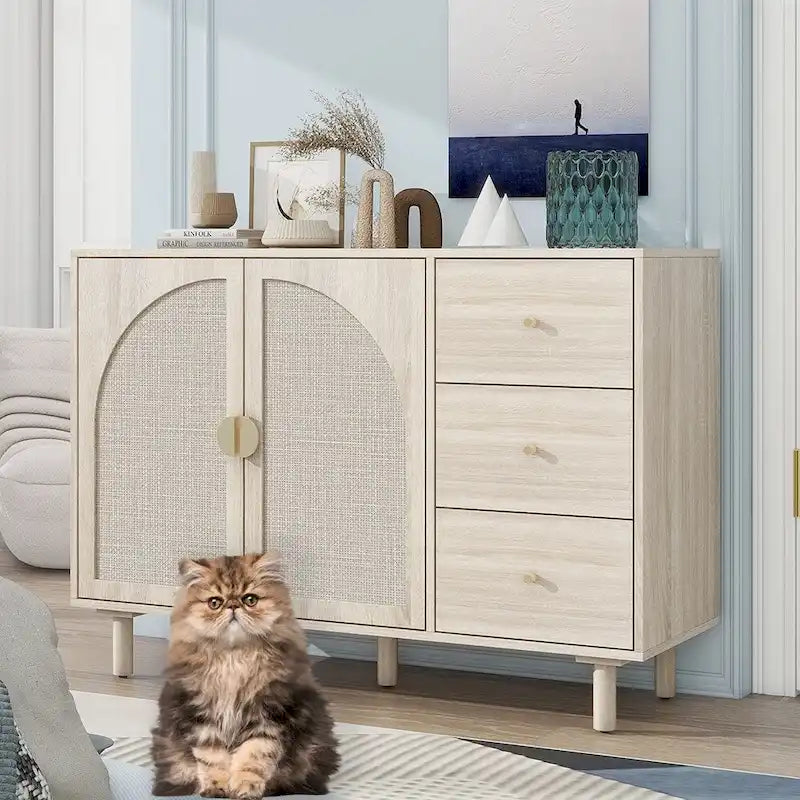 Natural Rattan Storage Cabinet with 2 Doors and 3 Drawers