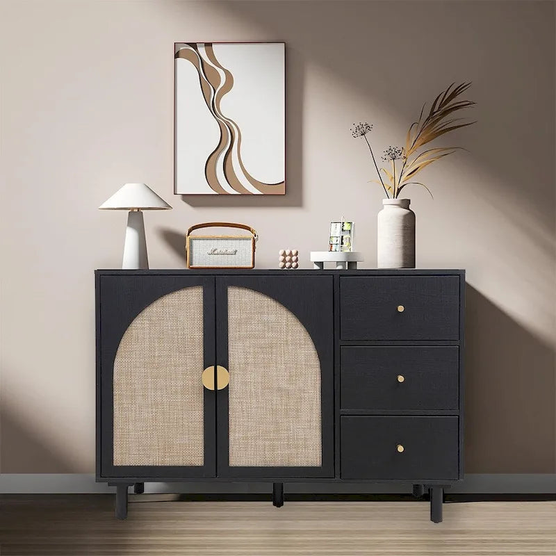 Natural Rattan Storage Cabinet with 2 Doors and 3 Drawers