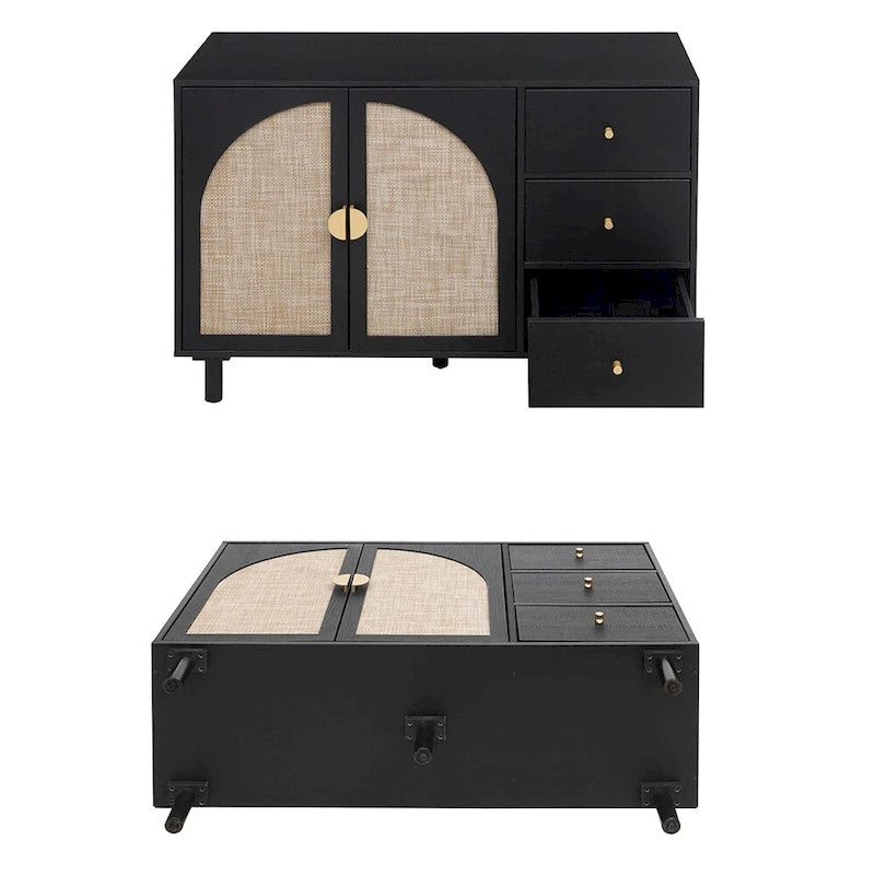 Natural Rattan Storage Cabinet with 2 Doors and 3 Drawers