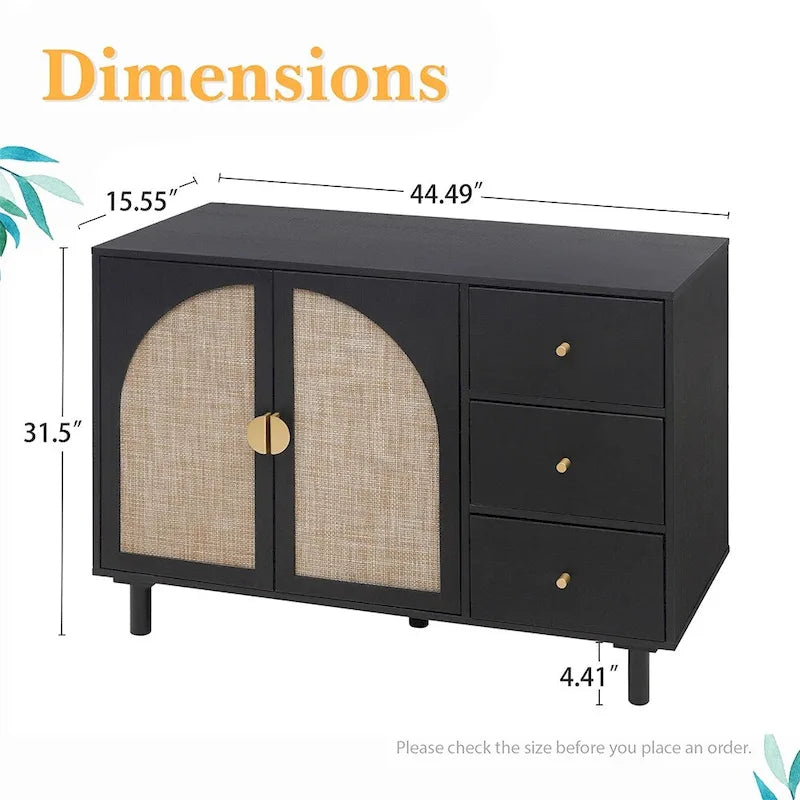 Natural Rattan Storage Cabinet with 2 Doors and 3 Drawers