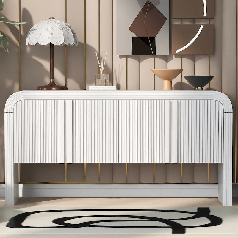 White 4-Door Storage Cabinet with Striped Pattern