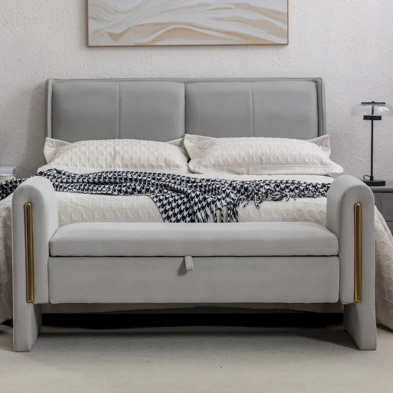 Gray Velvet Storage Bench with Gold Metal Trim