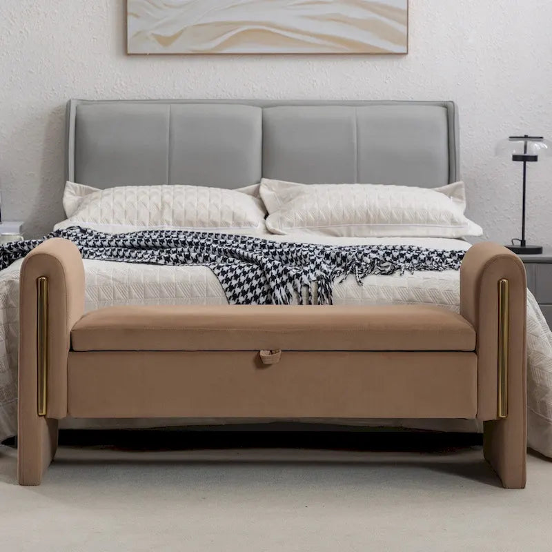 Gray Velvet Storage Bench with Gold Metal Trim