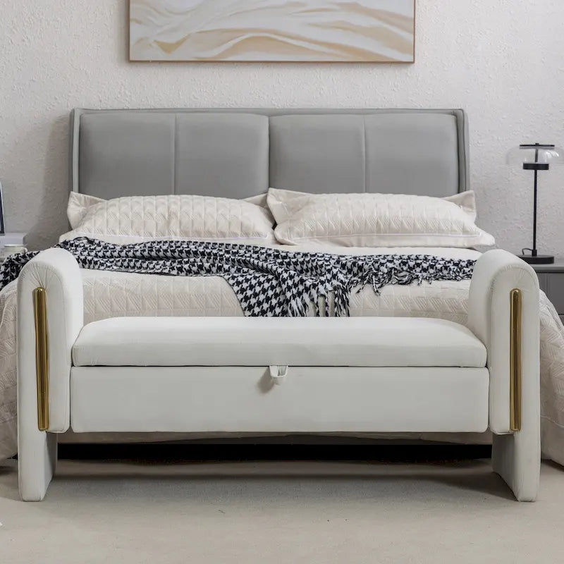 Gray Velvet Storage Bench with Gold Metal Trim