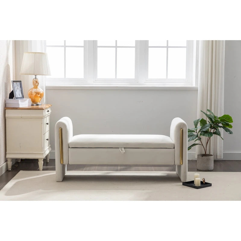 Gray Velvet Storage Bench with Gold Metal Trim