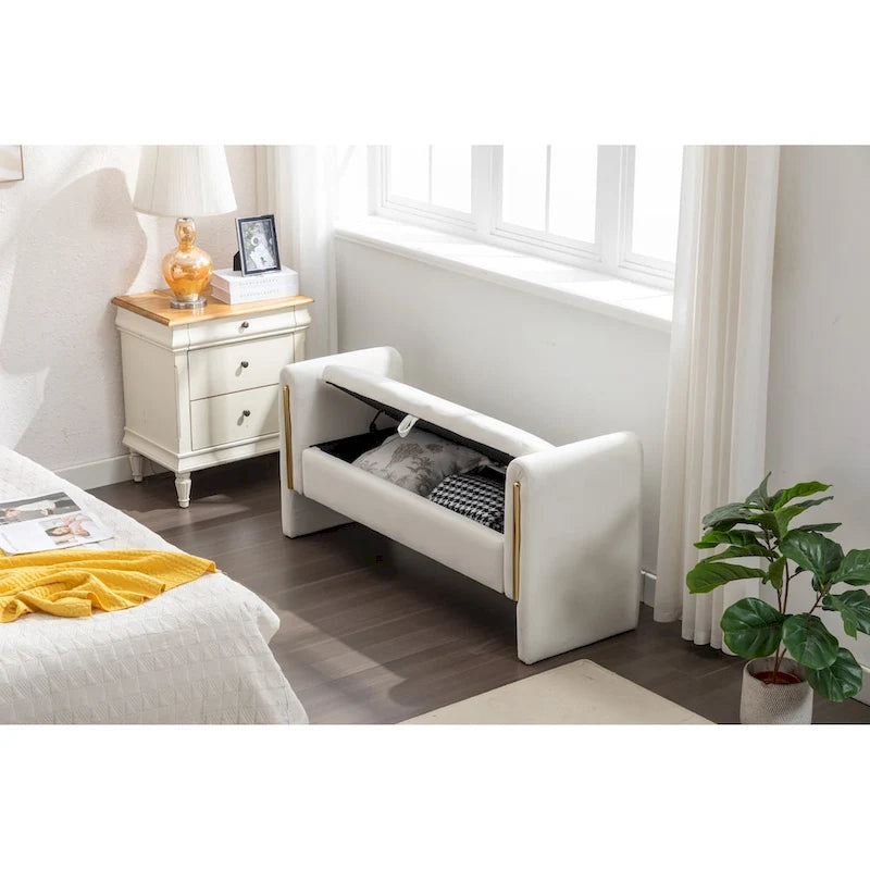 Gray Velvet Storage Bench with Gold Metal Trim