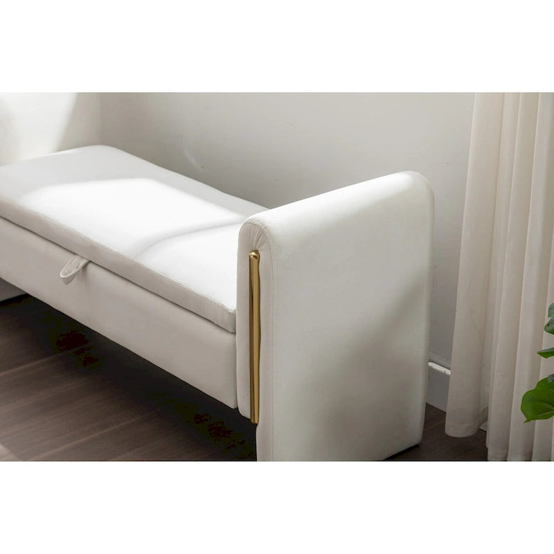 Gray Velvet Storage Bench with Gold Metal Trim