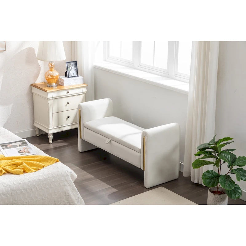 Gray Velvet Storage Bench with Gold Metal Trim