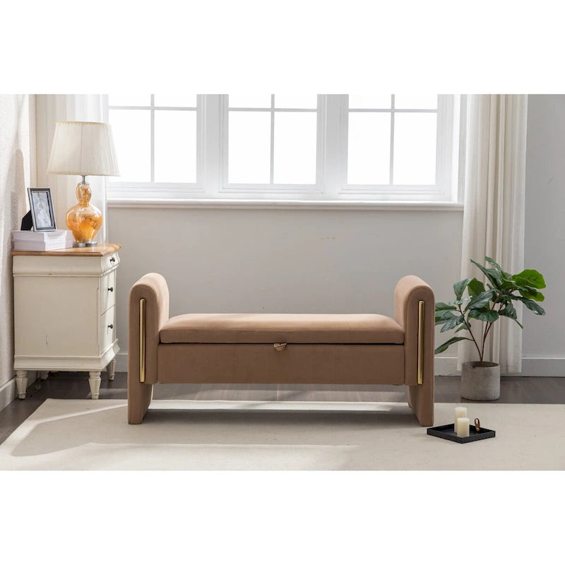 Gray Velvet Storage Bench with Gold Metal Trim