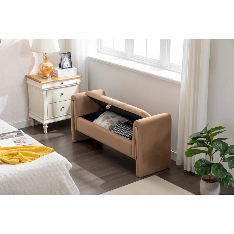 Gray Velvet Storage Bench with Gold Metal Trim