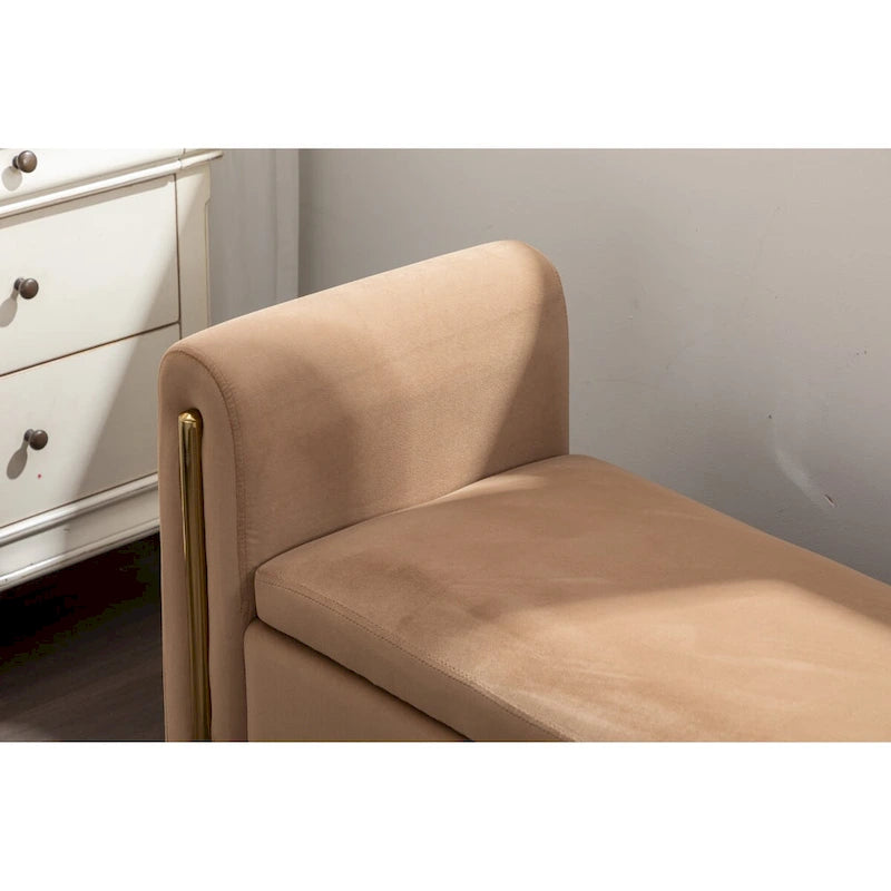 Gray Velvet Storage Bench with Gold Metal Trim