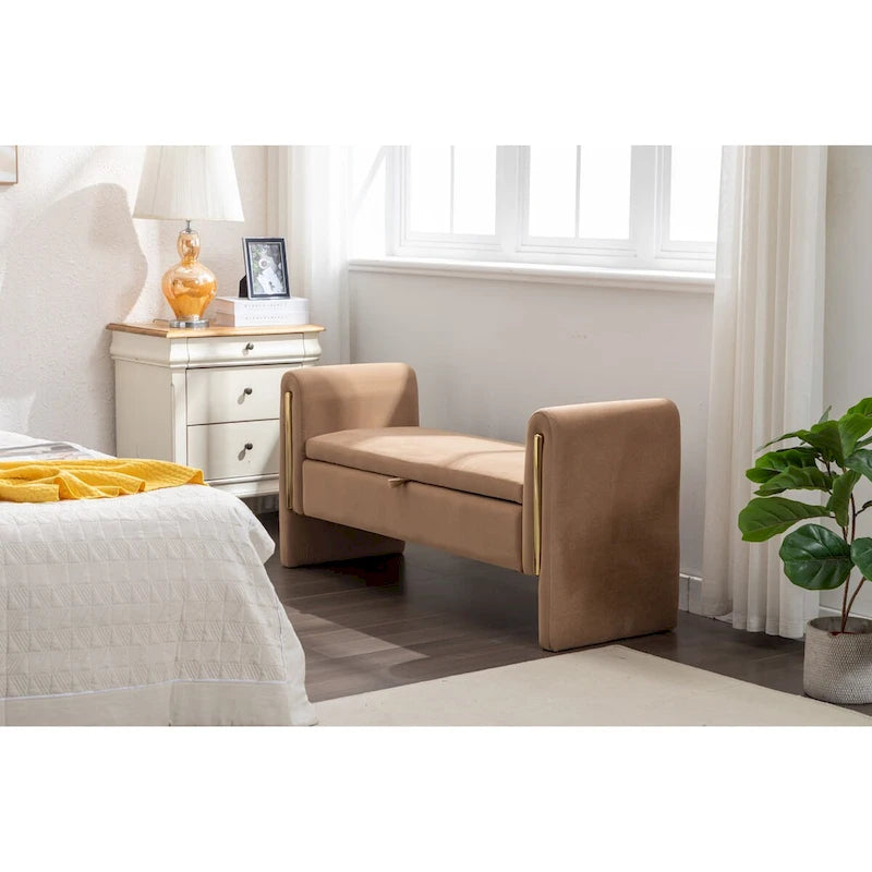 Gray Velvet Storage Bench with Gold Metal Trim
