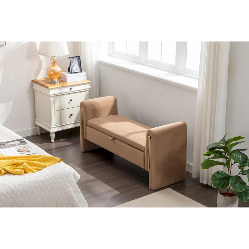 Gray Velvet Storage Bench with Gold Metal Trim