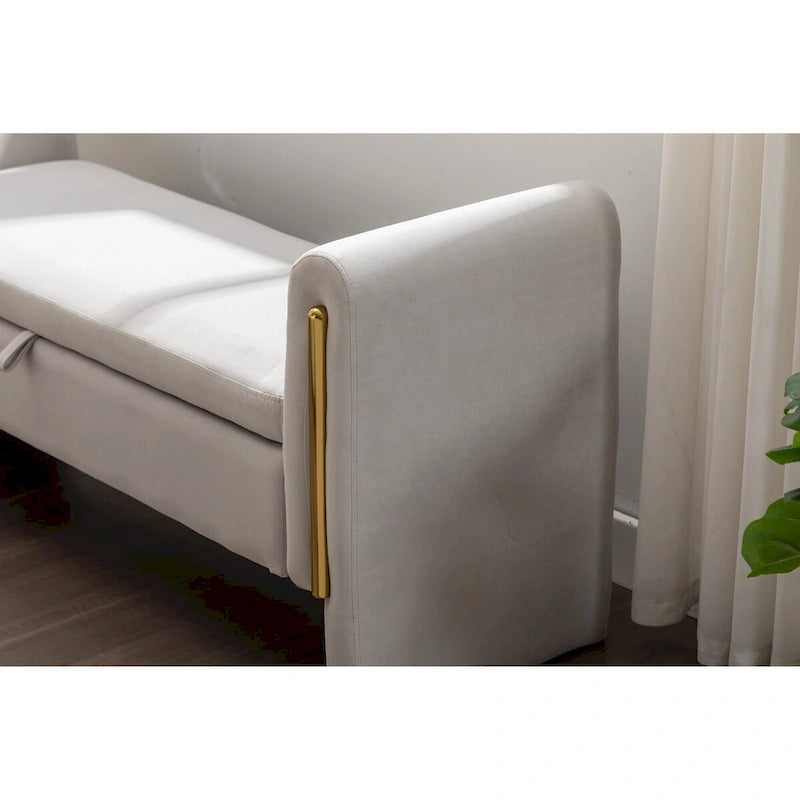 Gray Velvet Storage Bench with Gold Metal Trim