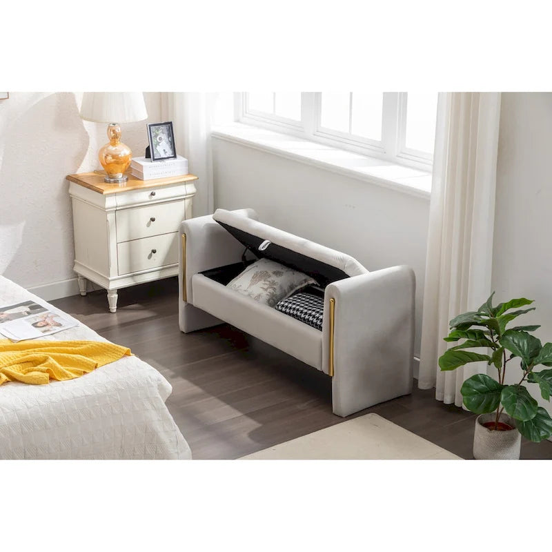 Gray Velvet Storage Bench with Gold Metal Trim