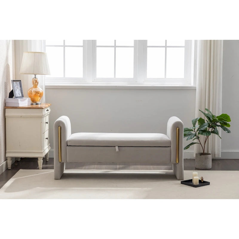 Gray Velvet Storage Bench with Gold Metal Trim