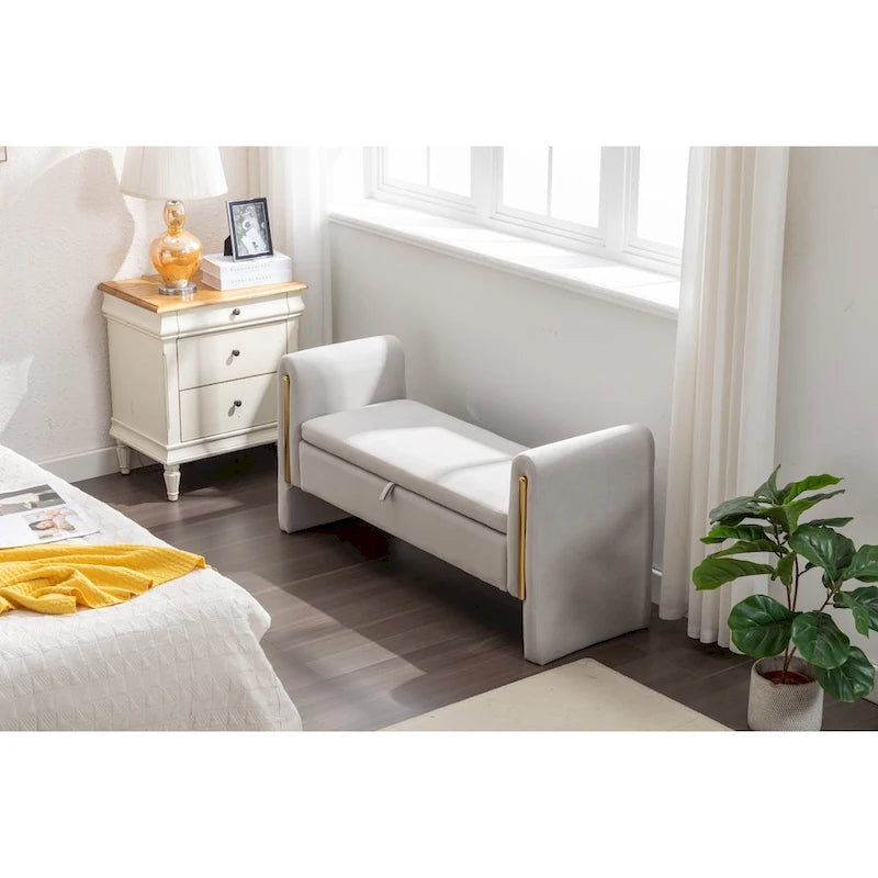 Gray Velvet Storage Bench with Gold Metal Trim
