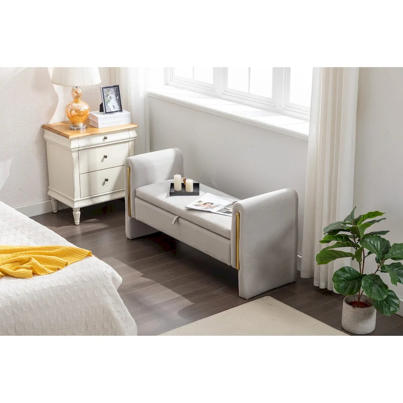 Gray Velvet Storage Bench with Gold Metal Trim