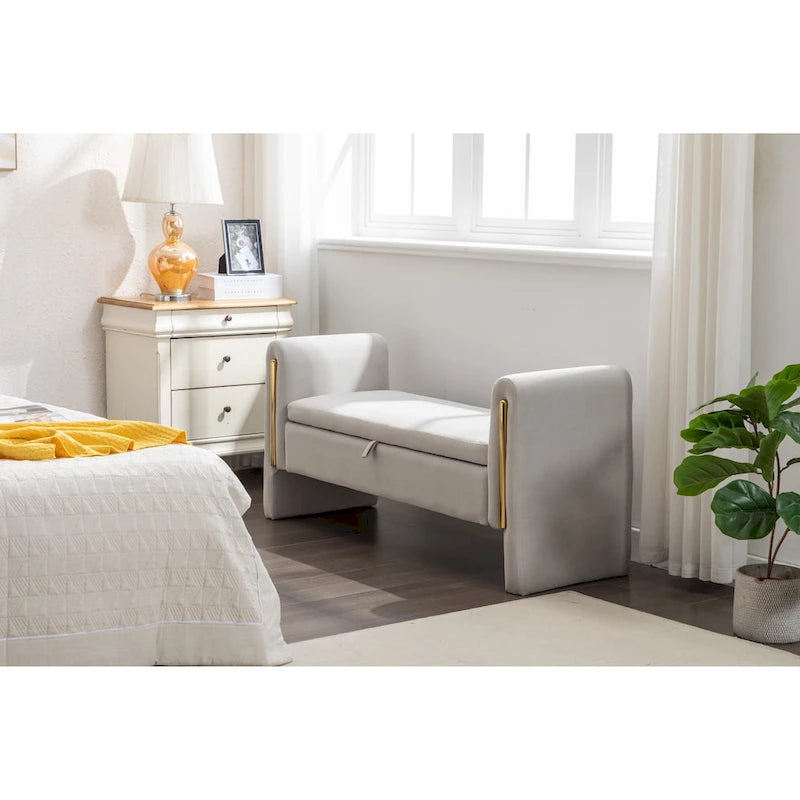 Gray Velvet Storage Bench with Gold Metal Trim