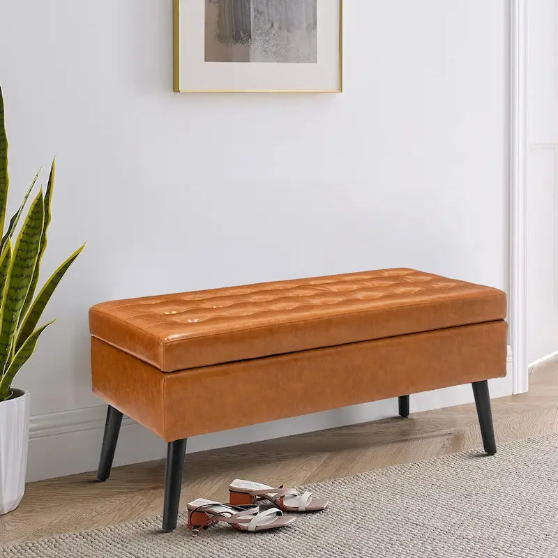 Gray Upholstered Storage Bench with Flip-Top Lid