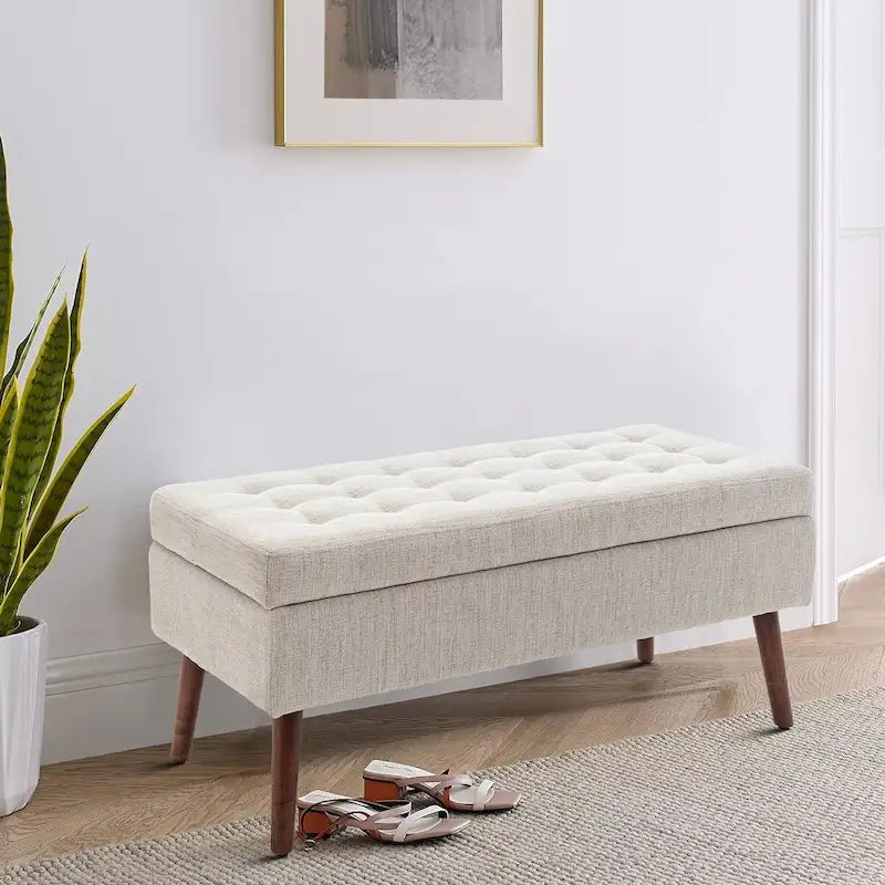 Gray Upholstered Storage Bench with Flip-Top Lid