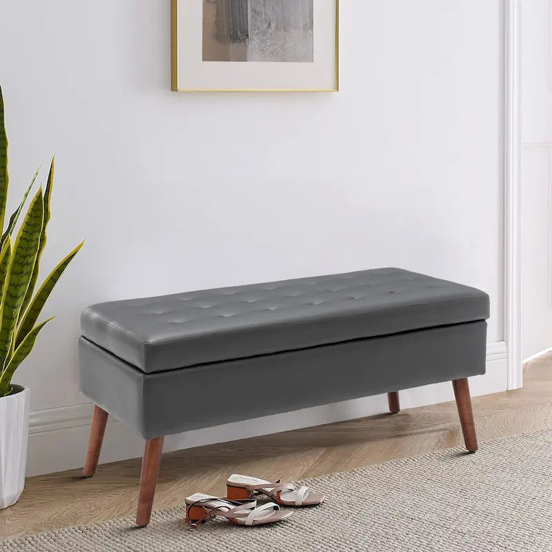 Gray Upholstered Storage Bench with Flip-Top Lid