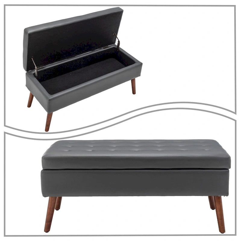 Gray Upholstered Storage Bench with Flip-Top Lid