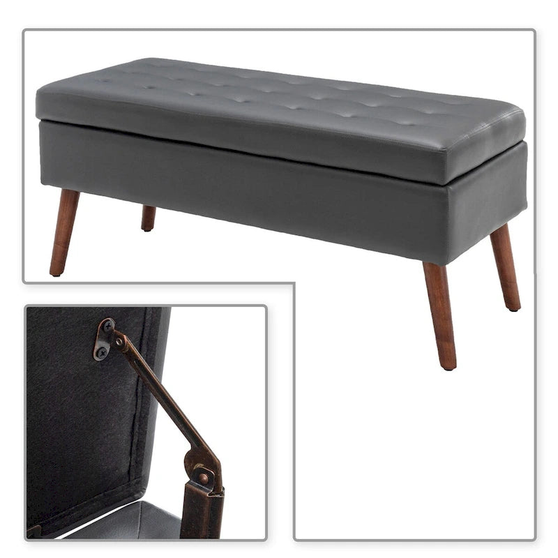 Gray Upholstered Storage Bench with Flip-Top Lid